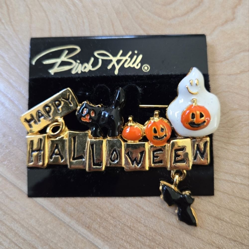 Happy Halloween ghost, black cat, pumpkin gold pin/brooch, NWT